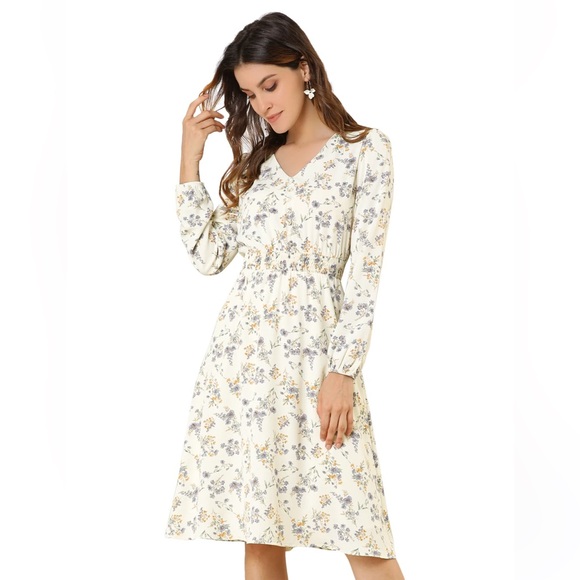 Allegra K Dresses & Skirts - Floral Print V-Neck Long Sleeve Smocked Waist Midi Dress